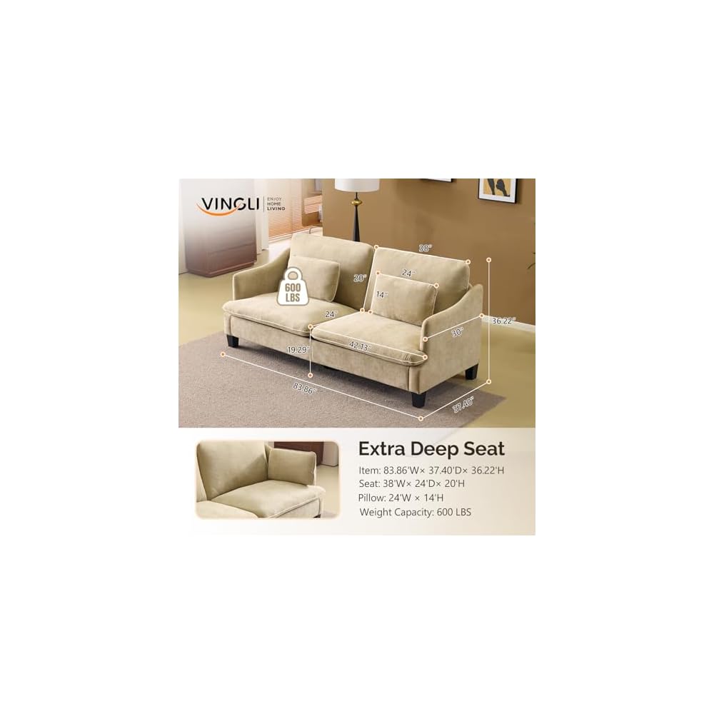 VINGLI 84" Extra Deep Seat Sofa Couch, 3 Seater Upholstered Living Room Couches with 2 Piped Seater Cushions, Throw Pillows, Modern Linen Velvet Fabric Sofa for Apartment Bedroom Office