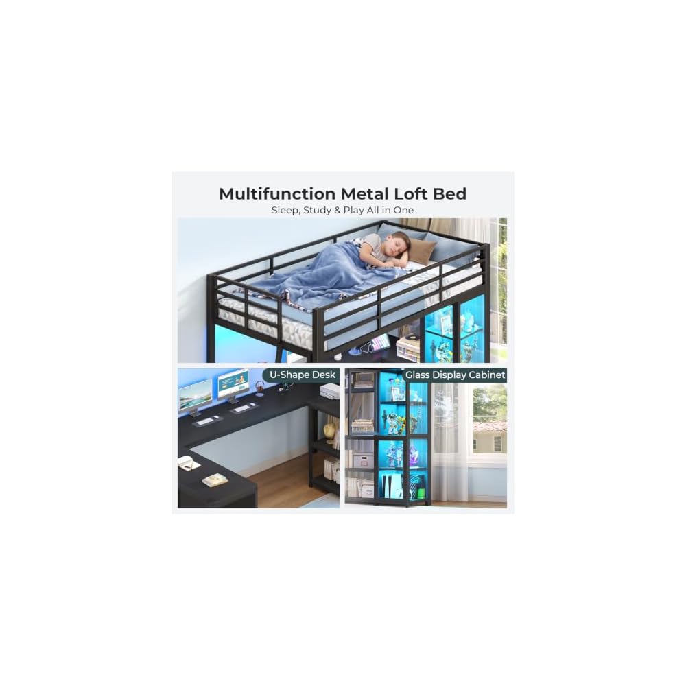 ADORNEVE Gaming Loft Bed Twin Size with U Shape Desk, Display Cabinet,Black