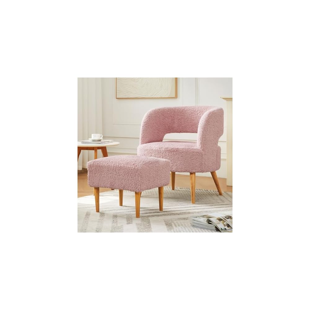 Retraction Built Accent Chair with Ottoman Teddy Fleece Upholstered Armchair Mid-Century Modern Comfortable Chairs and Ottoman Set with Wooden Legs for Living Room, Bedroom(Beige)