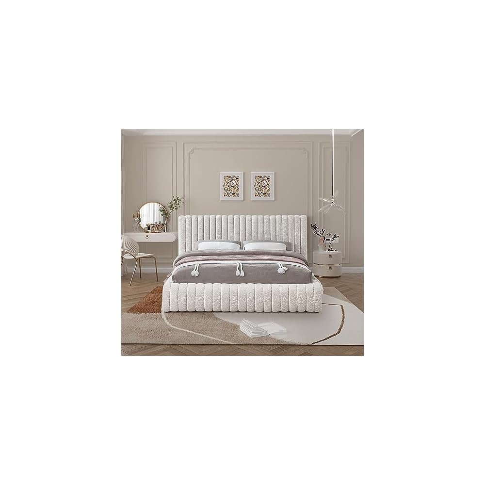 Meridian Furniture NashCream-K Nash Collection Modern | Contemporary Boucle Fabric Upholstered King Bed with Rich Cream Boucle Fabric and Deep Channel Tufting, 89" W x 91" D x 38" H, Cream, King