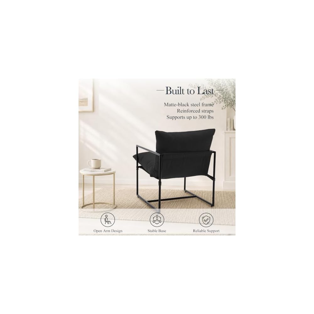 Modern Accent Chair, Upholstered Reading Sling Chair with Metal Frame and Soft Cushion,Stylish Lounge Armchair for Living Room, Bedroom or Office Seating, Black