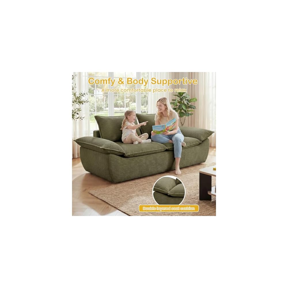 56" Boneless Loveseat, 2-Seater Green Boneless Sofa with Removable Cushions & 2 Pillows, Small Boneless Couch Deep Seat Compress Foam Sofa for Living Room, Apartments, & Office