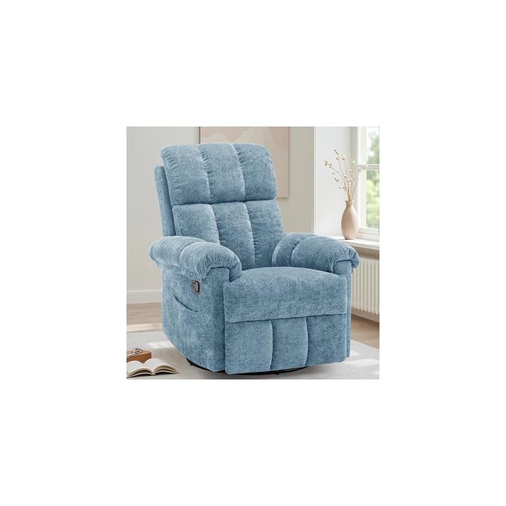 Korser Recliner Chair, Swivel Rocker Recliner Chair for Adults, Small Recliners for Small Spaces, Upholstered Manual Recliner with Side Pockets, Nursery Rocking Chair for Living Room, Chenille, Beige