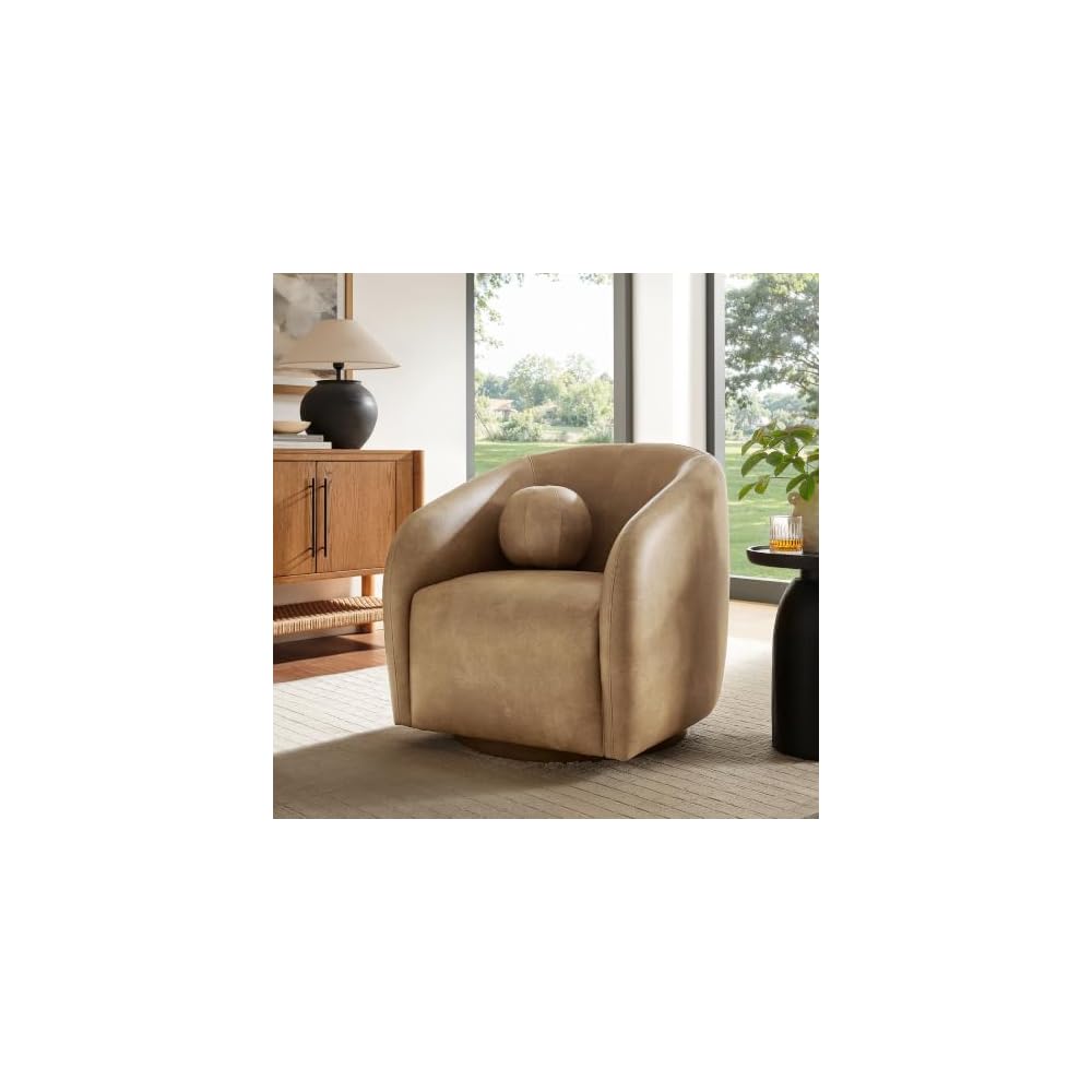 Modway Holland Curved Swivel Armchair in Toast – Vegan Leather Barrel Chair with Ball Throw Pillow and Wood Base – Mid-Century Modern Curved Living Room Accent Chair