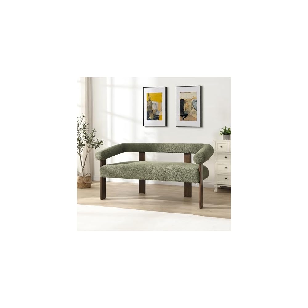 Christopher Knight Home Celen Modern Boucle Fabric Upholstered Loveseat with Round Armrest and Rubberwood Frame, Comfy Living Room 2-Seater Sofa, Space-Saving Couch for Hotel/Apartment, Green+Brown