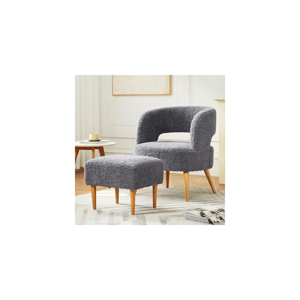 Retraction Built Accent Chair with Ottoman Teddy Fleece Upholstered Armchair Mid-Century Modern Comfortable Chairs and Ottoman Set with Wooden Legs for Living Room, Bedroom(Beige)