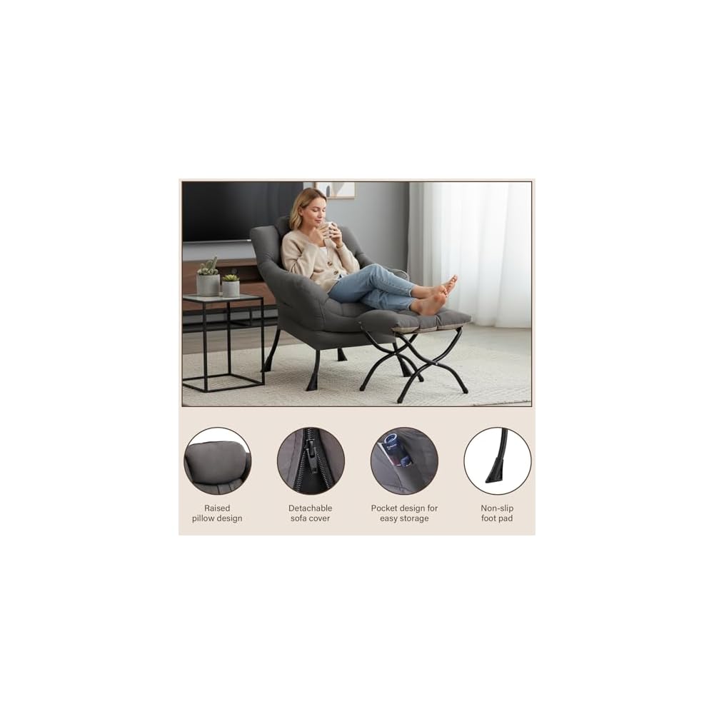 Welnow Lazy Chair with Ottoman, Reading Chair with Footrest,Dark Grey