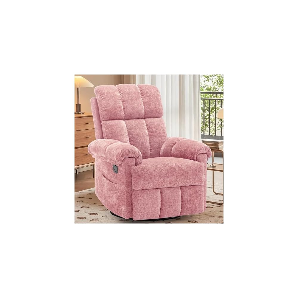Korser Recliner Chair, Swivel Rocker Recliner Chair for Adults, Small Recliners for Small Spaces, Upholstered Manual Recliner with Side Pockets, Nursery Rocking Chair for Living Room, Chenille, Beige