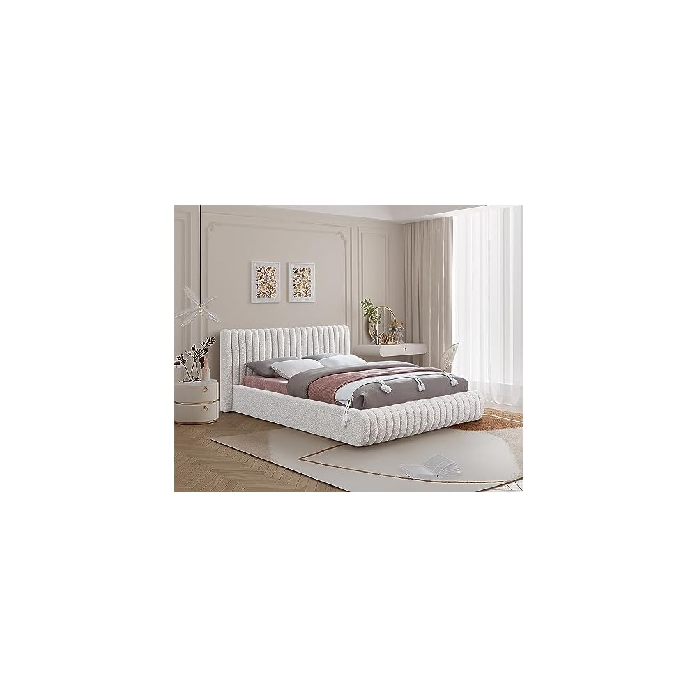 Meridian Furniture NashCream-K Nash Collection Modern | Contemporary Boucle Fabric Upholstered King Bed with Rich Cream Boucle Fabric and Deep Channel Tufting, 89" W x 91" D x 38" H, Cream, King