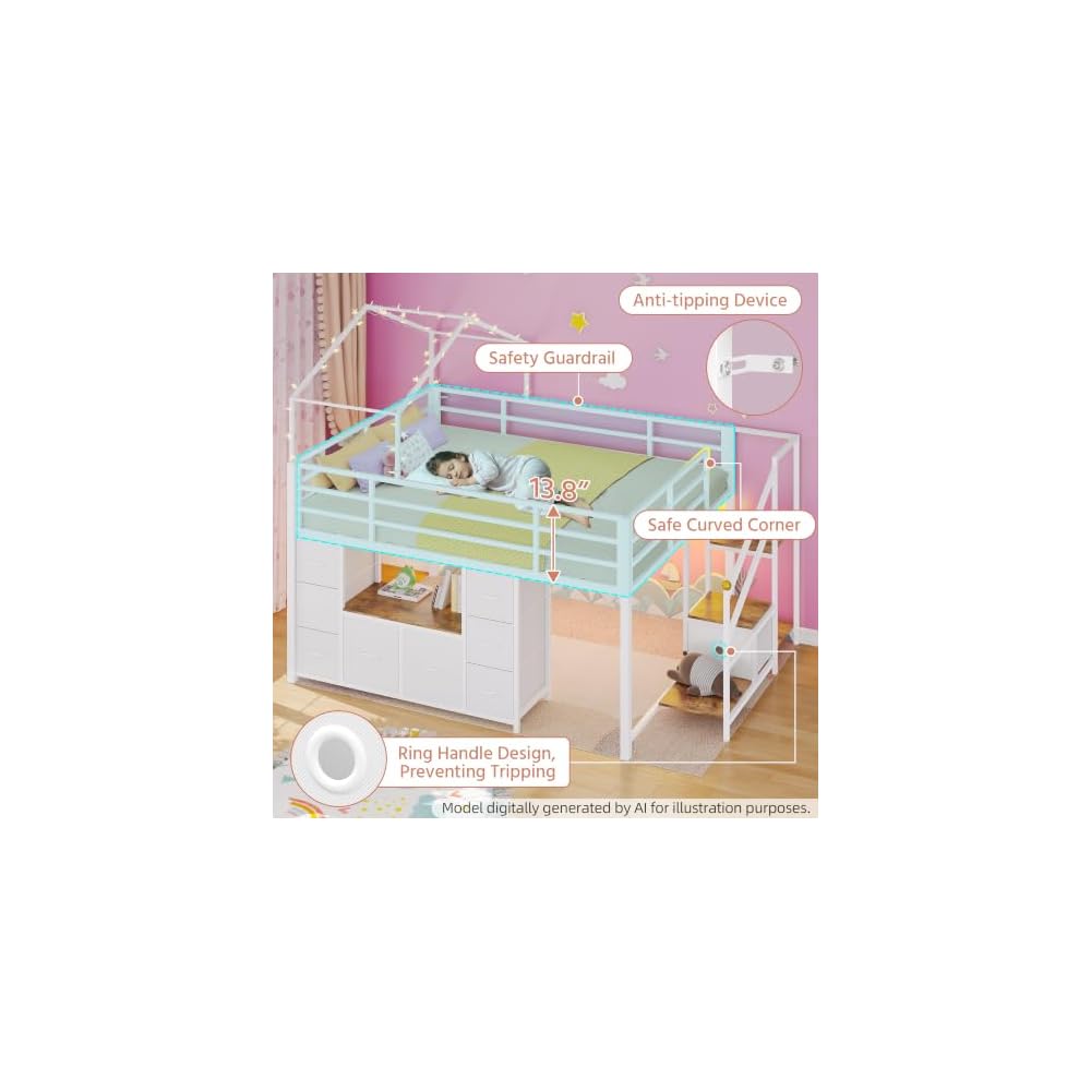 BYSAUD Low Loft Bed Full with 9 Drawers, 2 Shelves, Stairs & LED Lights