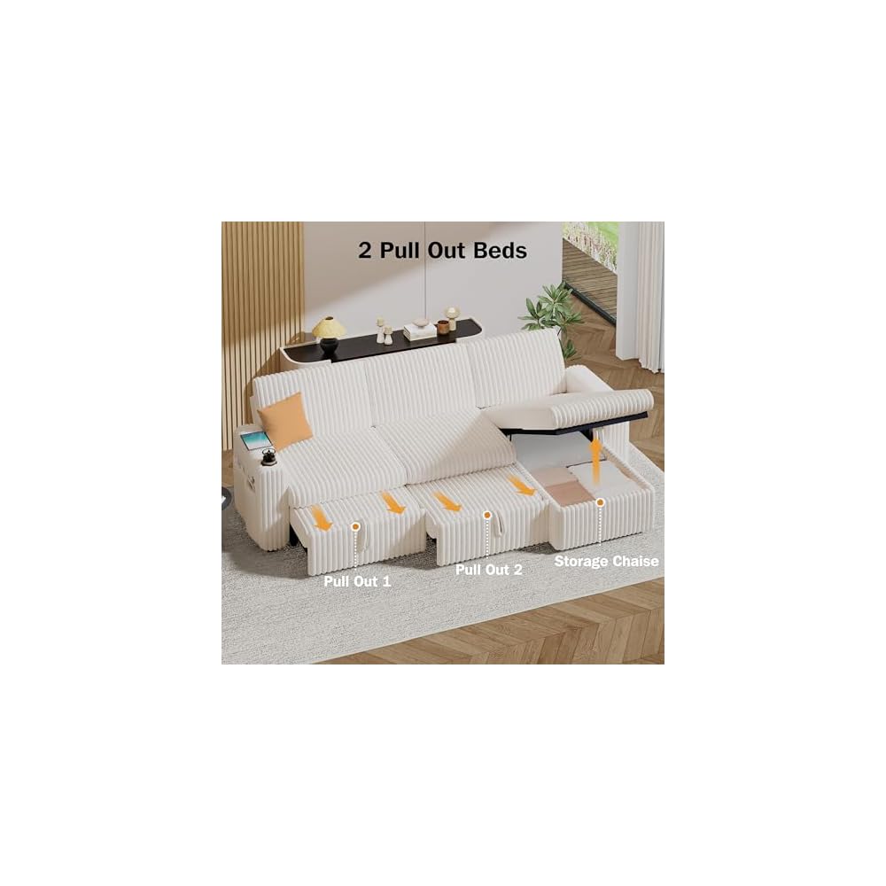 Sunny Heart 101" Plush Corduroy L Shaped Sectional Sleeper Sofa Bed with Pull Out Bed, Reclining Backrest, Reversible Storage Chaise, USB Ports, Cup Holders, Tool Free Assembly, Beige
