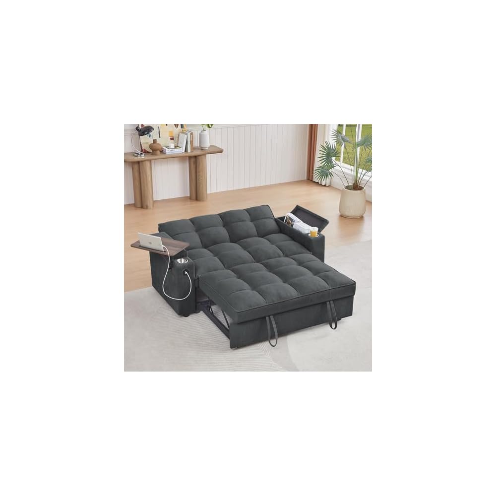 Auvsoce 65'' Convertible Sleeper Sofa Bed with Adjustable Backrest, Chaise Lounge, Side Table & USB/Type-C Ports – Stylish & Functional Addition to Any Living Room (Drak Grey)