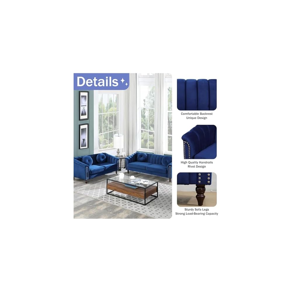 Moderno conjunto de sofá Chesterfield de terciopelo de lujo, sillón de franela, reposabrazos enrollados tapizados para sala de Estar, dormitorio, apartamento (Blue,3 Piece Set)