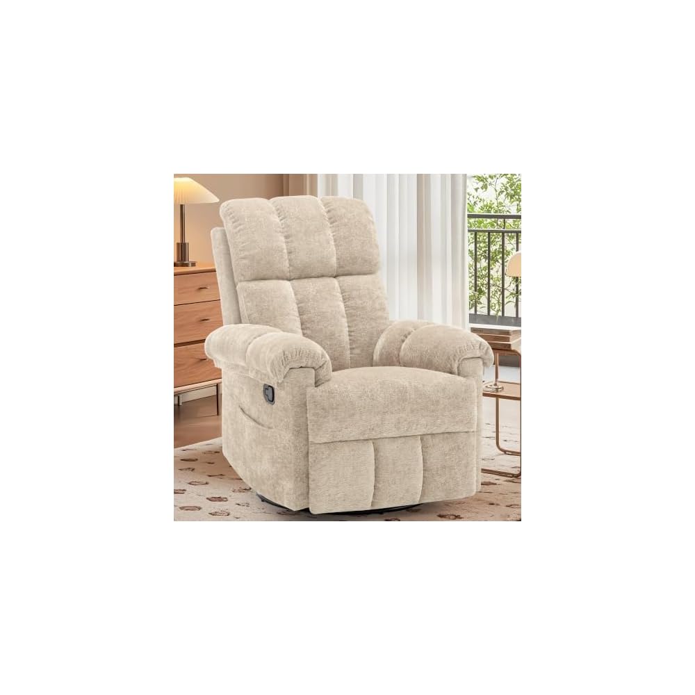 Korser Recliner Chair, Swivel Rocker Recliner Chair for Adults, Small Recliners for Small Spaces, Upholstered Manual Recliner with Side Pockets, Nursery Rocking Chair for Living Room, Chenille, Beige