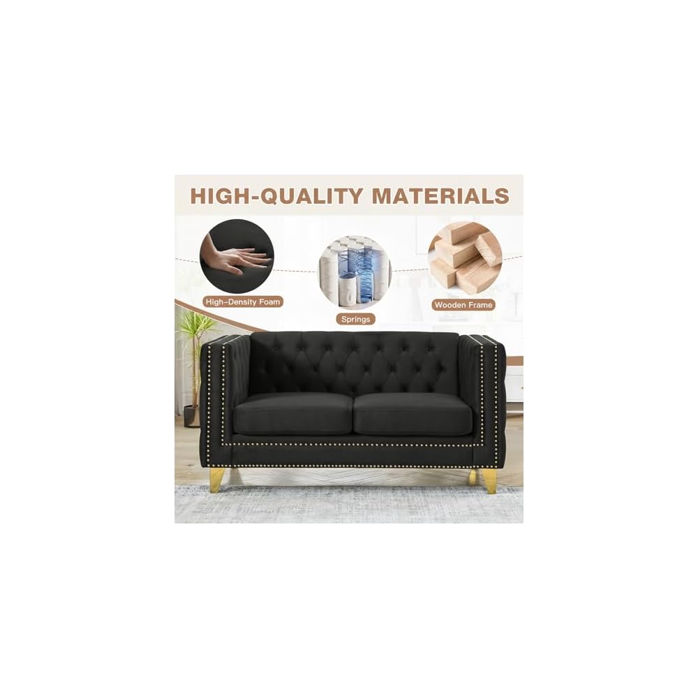 Chesterfield Sofa, Velvet Loveseat Sofa Couch with Buttons Tufted, Mid Century Modern Couch with Nailhead Trim & Square Armrest, Couches for Living Room, Bedroom, Apartment, Office(Black,58''W)