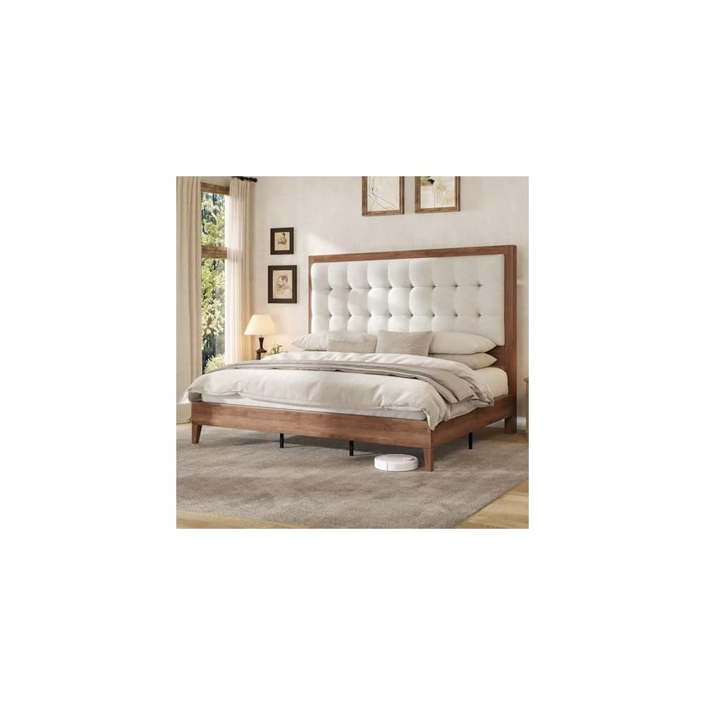 AMERLIFE Solid Wood King Bed Frame 50.2" Upholstered Headboard, Walnut