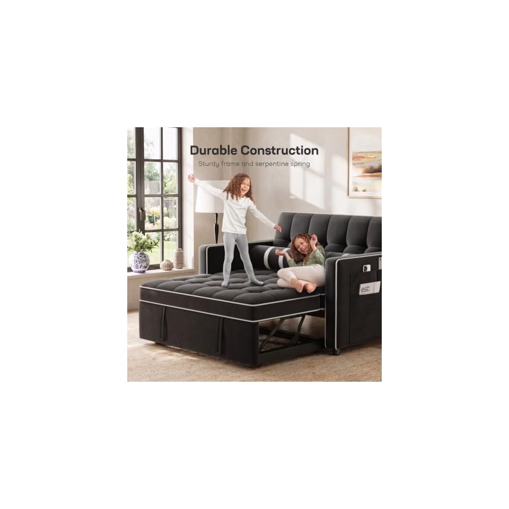 Marsail 3-in-1 Futon Sleeper Sofa Bed, Convertible Pull Out Couch, Black
