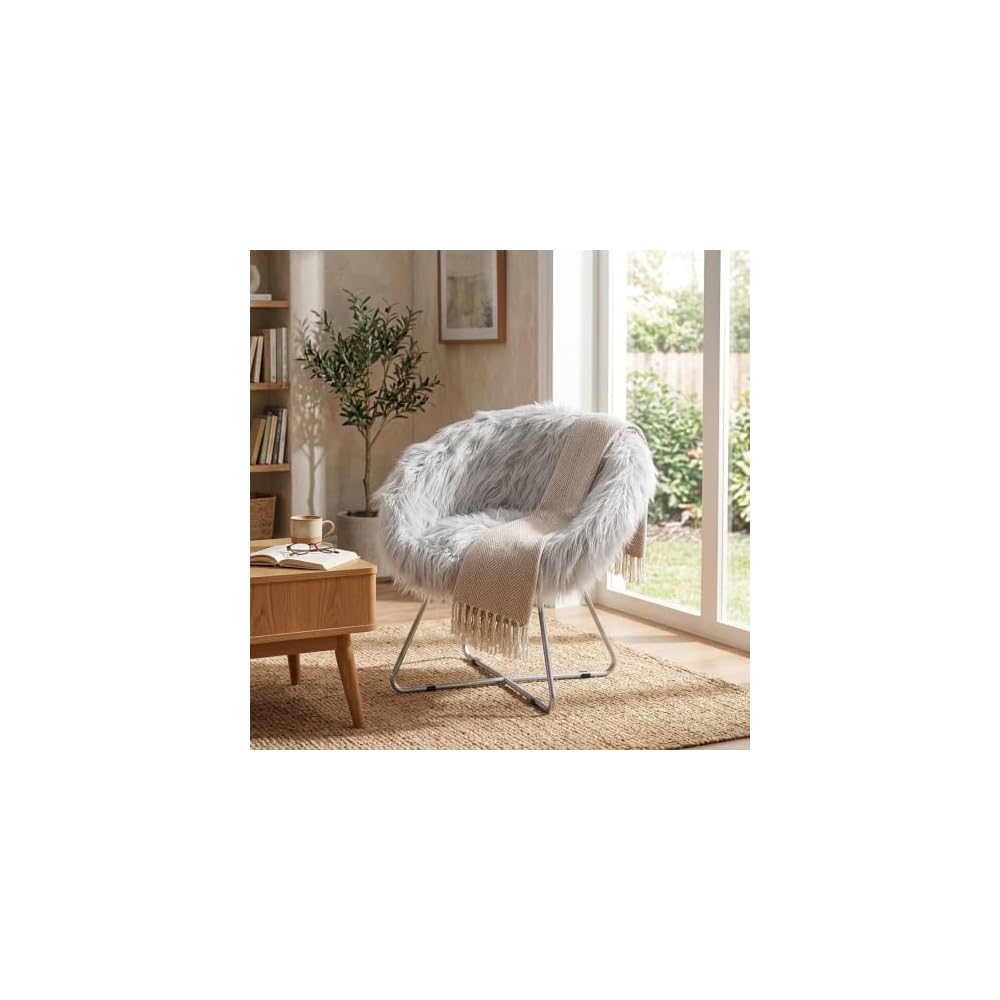 BIRDROCK HOME Faux Fur Saucer Chair - Oversized Comfy Cushion Lounge Chair with Metal Legs - Cozy Fuzzy Seat, Fluffy Round, and Lightweight Moon Chair or for Bedroom, Dorm or Patio (Pink)