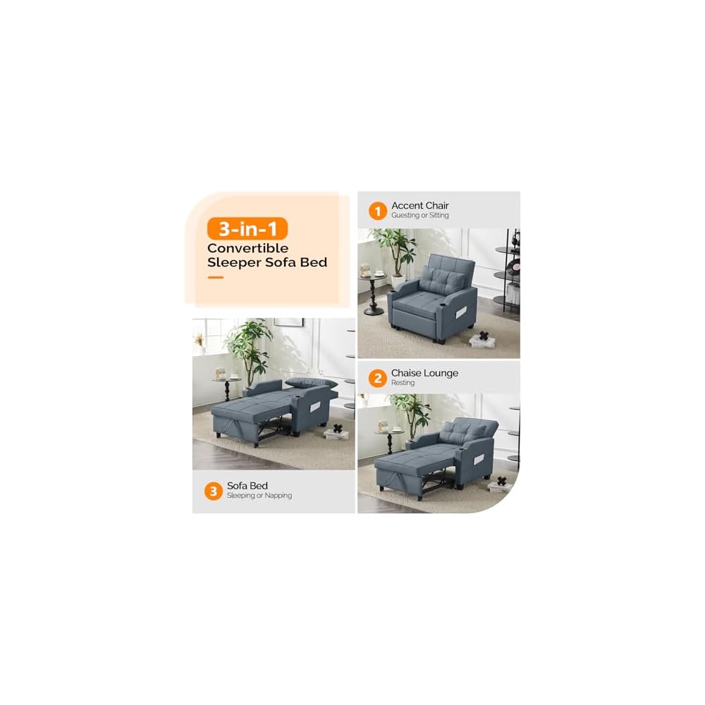 VINGLI 3-in-1 Convertible Sofa Bed, Recliner with Adjustable Backrest, USB Ports, Cup Holders for Small Spaces, Living Room