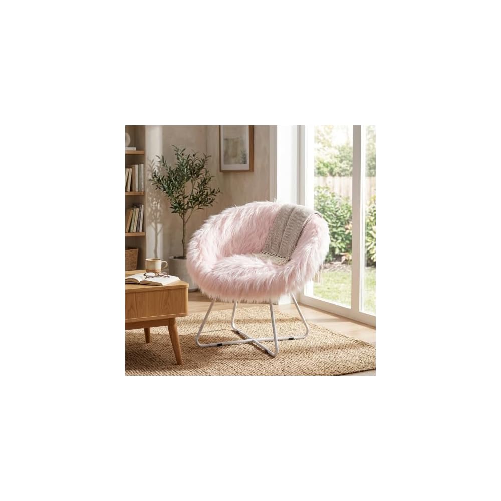 BIRDROCK HOME Faux Fur Saucer Chair - Oversized Comfy Cushion Lounge Chair with Metal Legs - Cozy Fuzzy Seat, Fluffy Round, and Lightweight Moon Chair or for Bedroom, Dorm or Patio (Pink)
