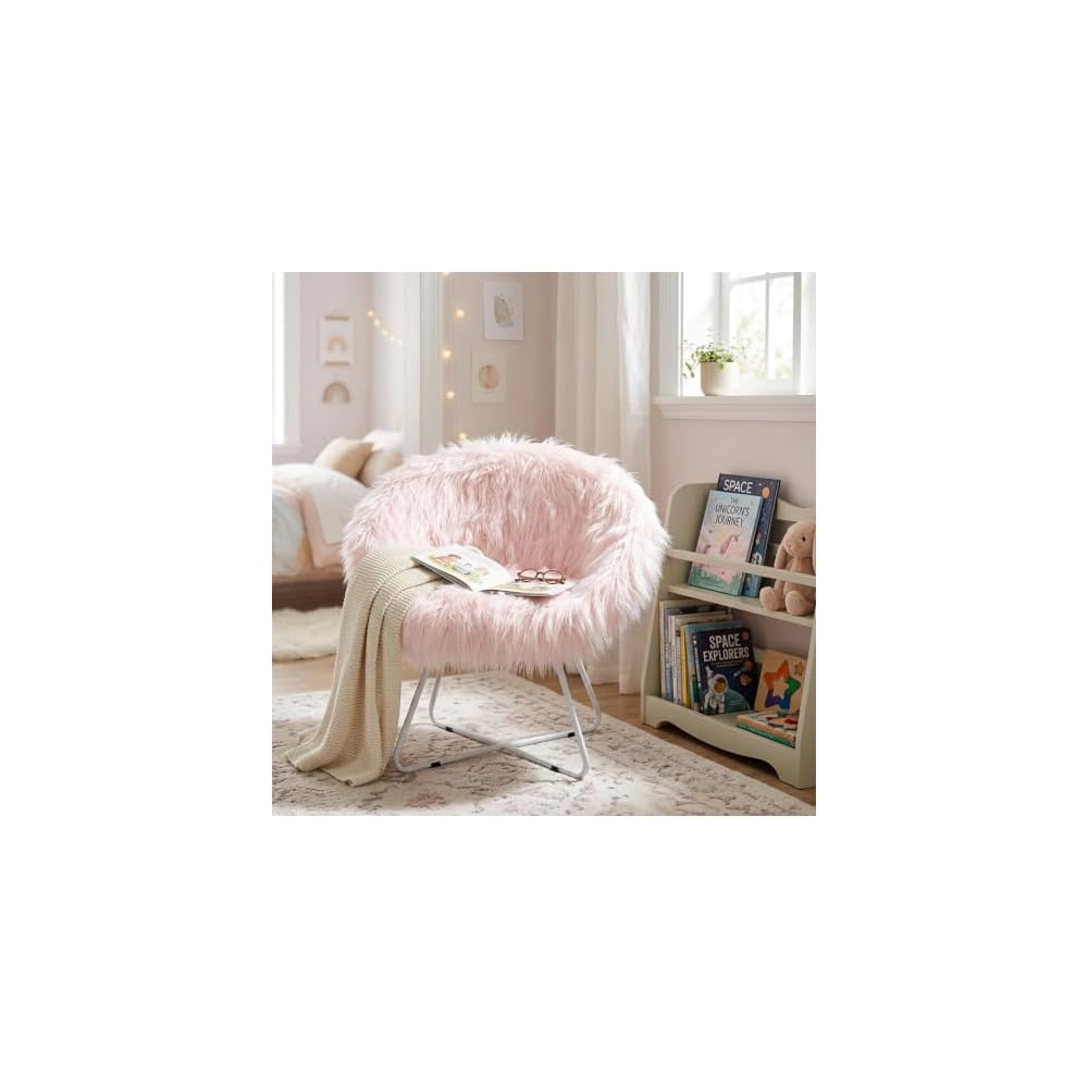 BIRDROCK HOME Faux Fur Saucer Chair - Oversized Comfy Cushion Lounge Chair with Metal Legs - Cozy Fuzzy Seat, Fluffy Round, and Lightweight Moon Chair or for Bedroom, Dorm or Patio (Pink)