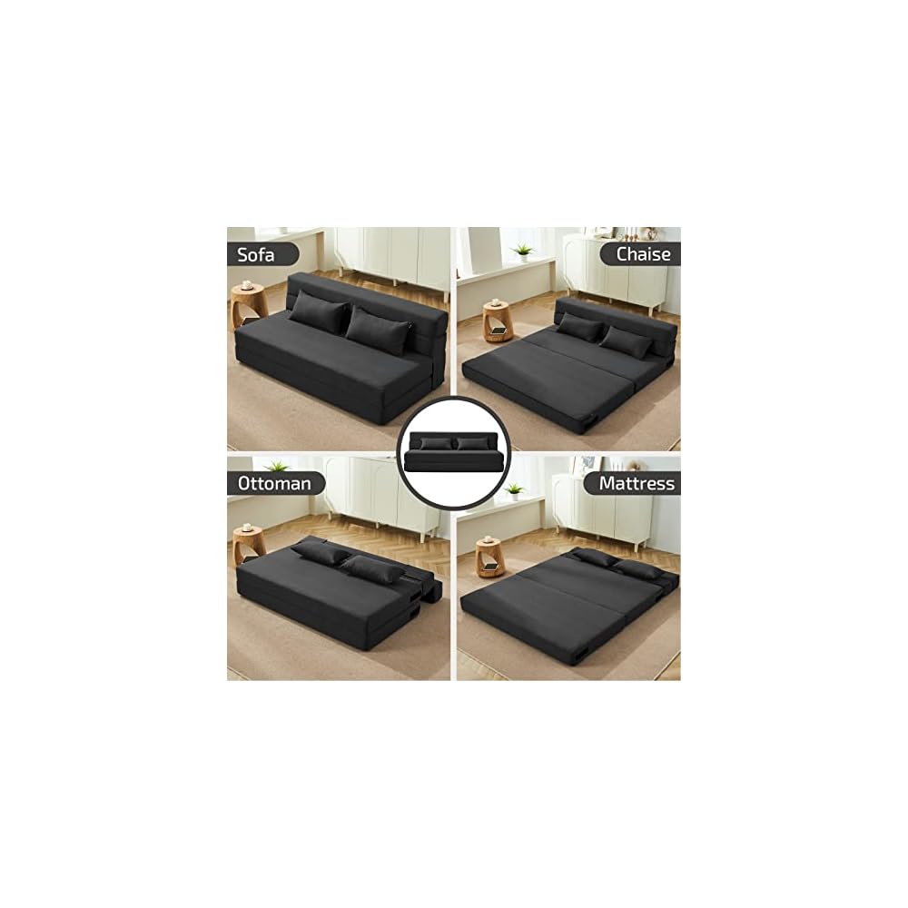 SUYOLS Convertible Folding Sofa Bed - Chair Bed Sleeper with Pillow, Modern Linen Fabric Fold Out & Futon Couch, Foldable Mattress for Living Room/Dorm/Guest Use/Home Office, Queen Size, Dark Gray