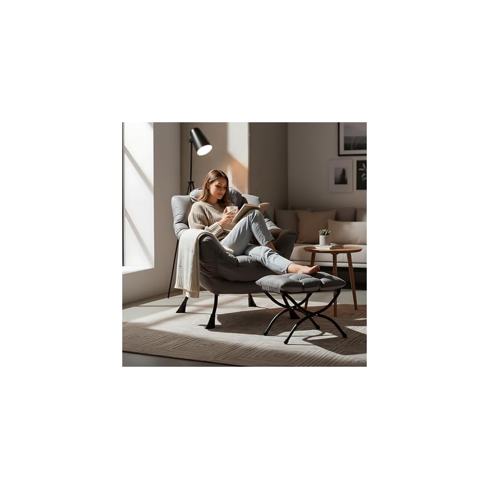 Welnow Lazy Chair with Ottoman, Reading Chair with Footrest,Dark Grey