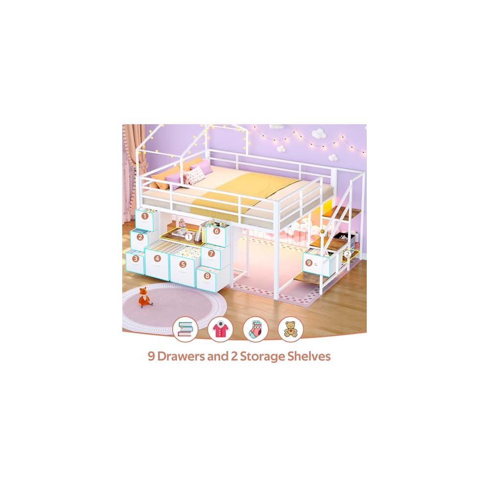 BYSAUD Low Loft Bed Full with 9 Drawers, 2 Shelves, Stairs & LED Lights