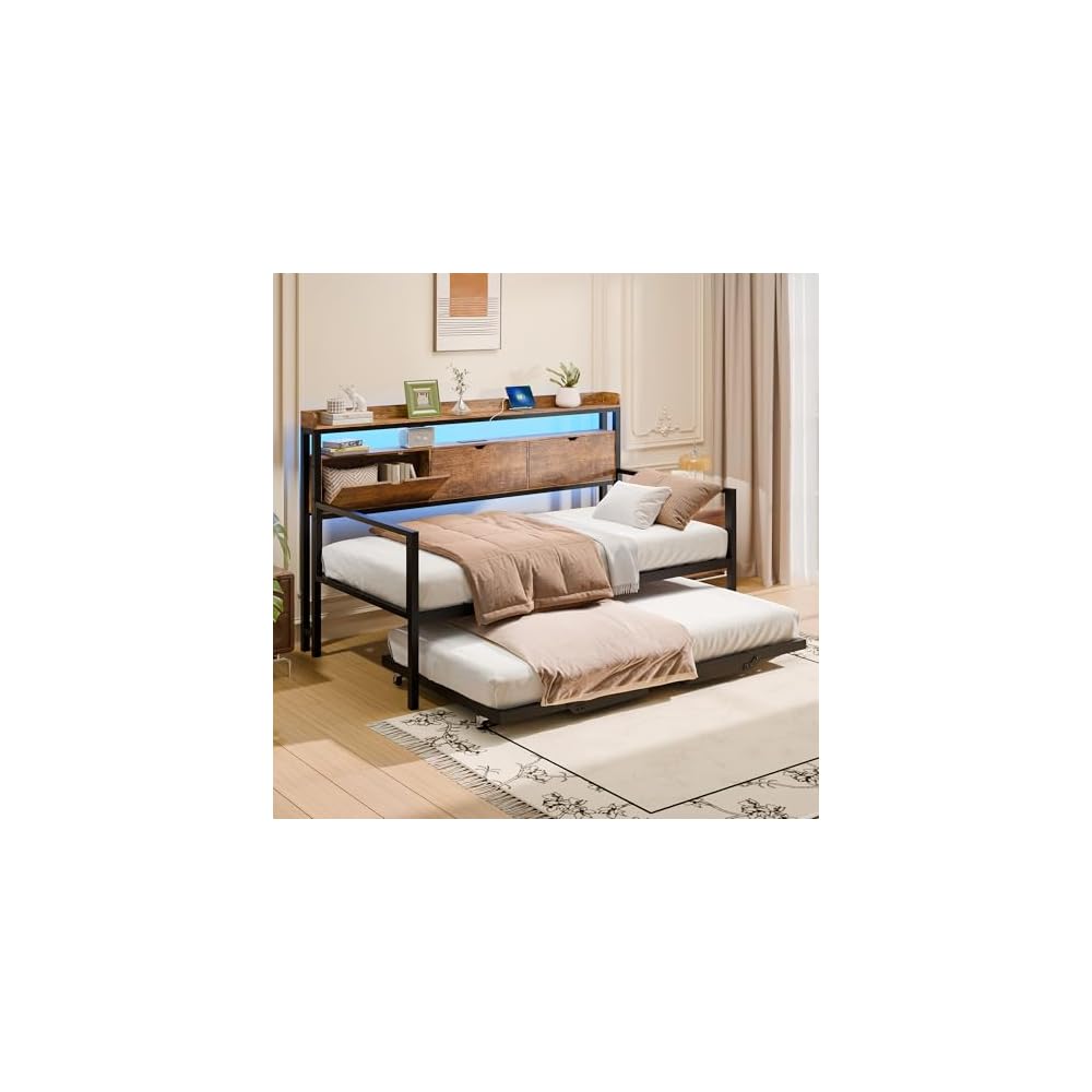 TOLEAD Twin Metal Daybed with Pop Up Trundle, Twin to King Expandable Bed Frame with Storage Headboard & Charging Station, Heavy Duty Day Bed for Bedroom or Guest Room, Rustic Brown
