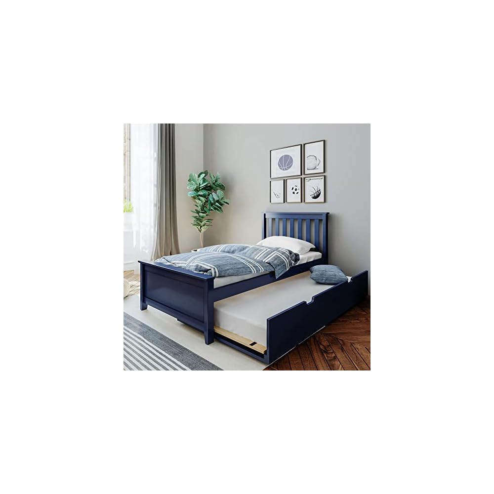 Max & Lily Twin Bed, Wood Bed Frame with Headboard for Kids with Trundle, Slatted, Blue