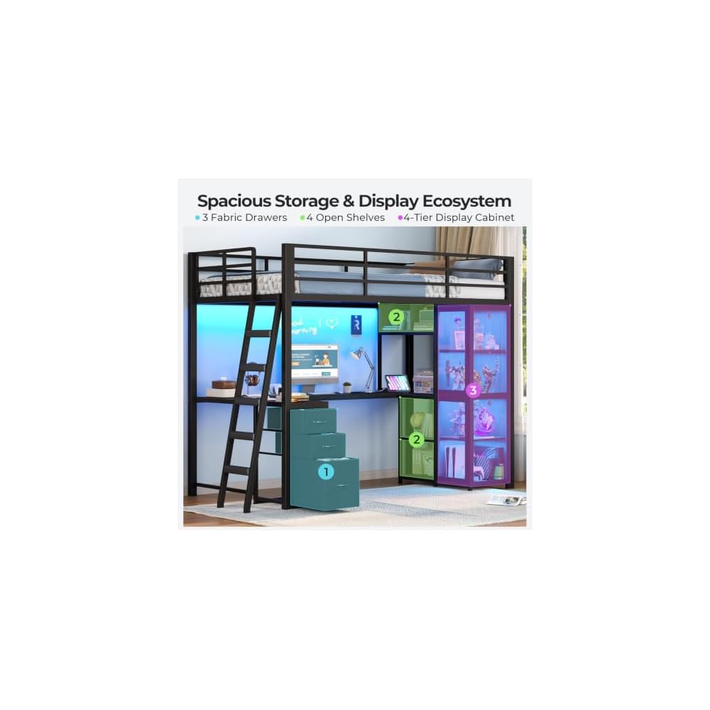 ADORNEVE Gaming Loft Bed Twin Size with U Shape Desk, Display Cabinet,Black