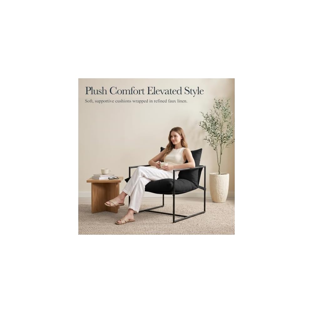 Modern Accent Chair, Upholstered Reading Sling Chair with Metal Frame and Soft Cushion,Stylish Lounge Armchair for Living Room, Bedroom or Office Seating, Black