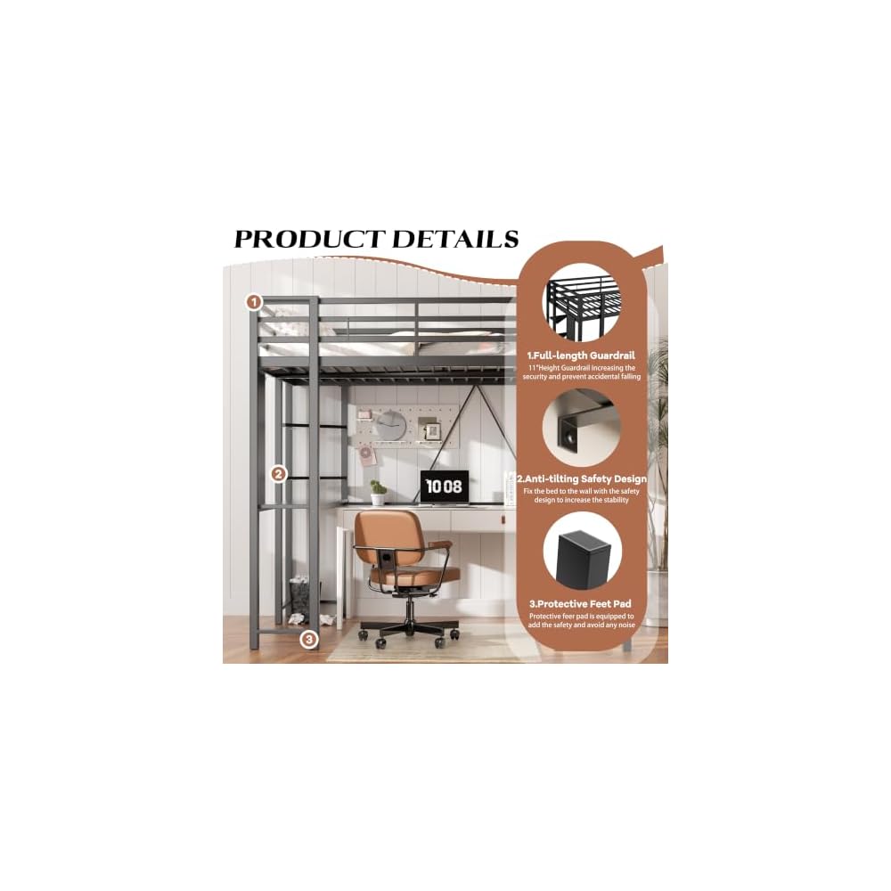 Shintenchi Loft Bed Full Size with Desk and Storage Shelves, Frame with 2 Side Ladders for Kids, Teens Adults, Spcace-Saving Noise-Free and Anti-tilt Design, Black