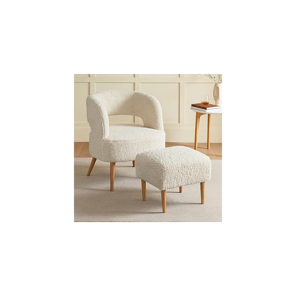 Retraction Built Accent Chair with Ottoman Teddy Fleece Upholstered Armchair Mid-Century Modern Comfortable Chairs and Ottoman Set with Wooden Legs for Living Room, Bedroom(Beige)
