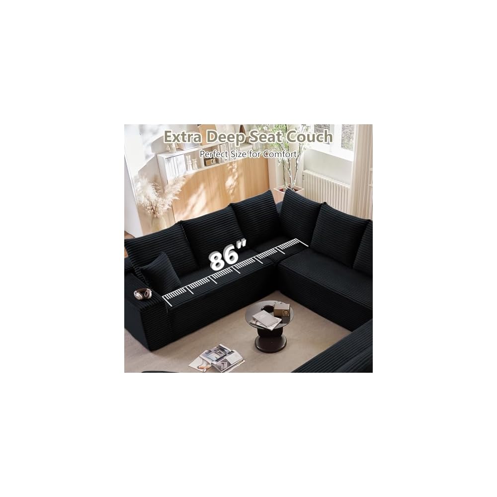 Sectional Cloud Couch for Living Room, Modular Floor Deep-Seat Sofa, Big Comfy Corduroy Couches Set with Fluffy Memory Foam, Stupendous U Shaped Sofas with 12 Pillows, No Assembly Required, Black