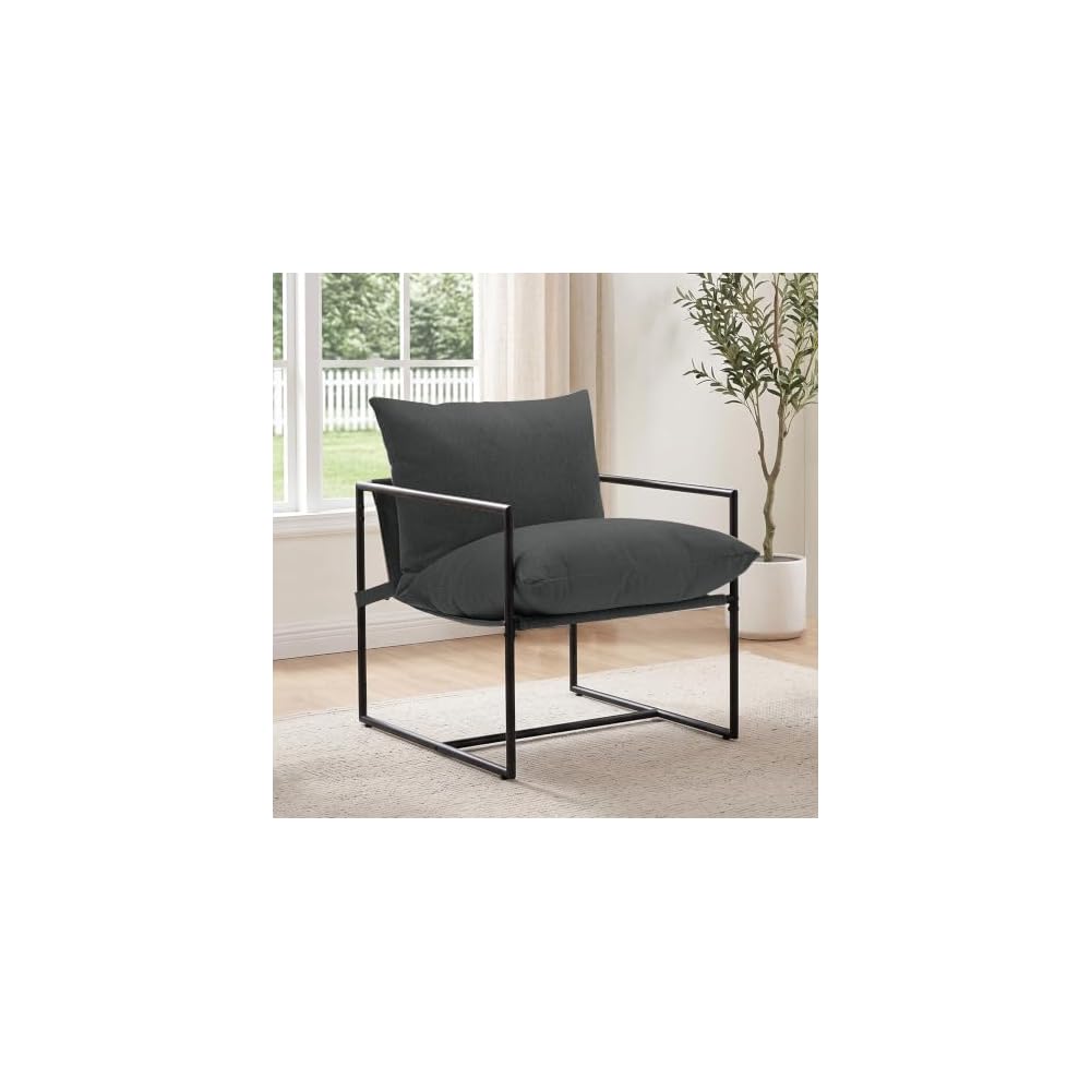 Modern Accent Chair, Upholstered Reading Sling Chair with Metal Frame and Soft Cushion,Stylish Lounge Armchair for Living Room, Bedroom or Office Seating, Black