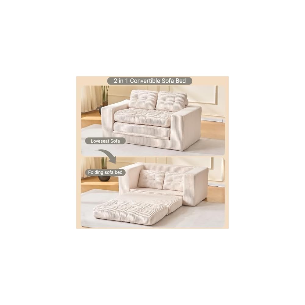 Fefances 55.1”Boneless Sofa Bed, 2-in-1 Convertible Loveseat & Folding Futon Couch, Small Space-Saving Design with Corduroy Fabric, for Living Room, Bedroom, Studio Apartment - Beige
