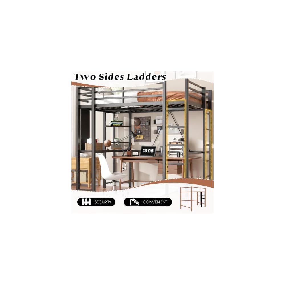 Shintenchi Loft Bed Full Size with Desk and Storage Shelves, Frame with 2 Side Ladders for Kids, Teens Adults, Spcace-Saving Noise-Free and Anti-tilt Design, Black