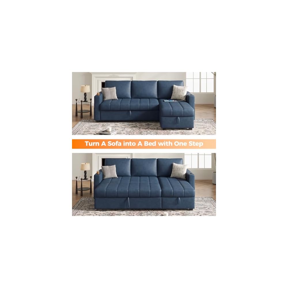 Fadware 89” L Shape Sofa Sleeper, Sectional Sofa Bed with Hidden Storage& Side Pocket, Anti-scratch Faux Leather Couch Bed with ChargePort& CupHolder, Modern Piano Design Pull Out Couch for LivingRoom