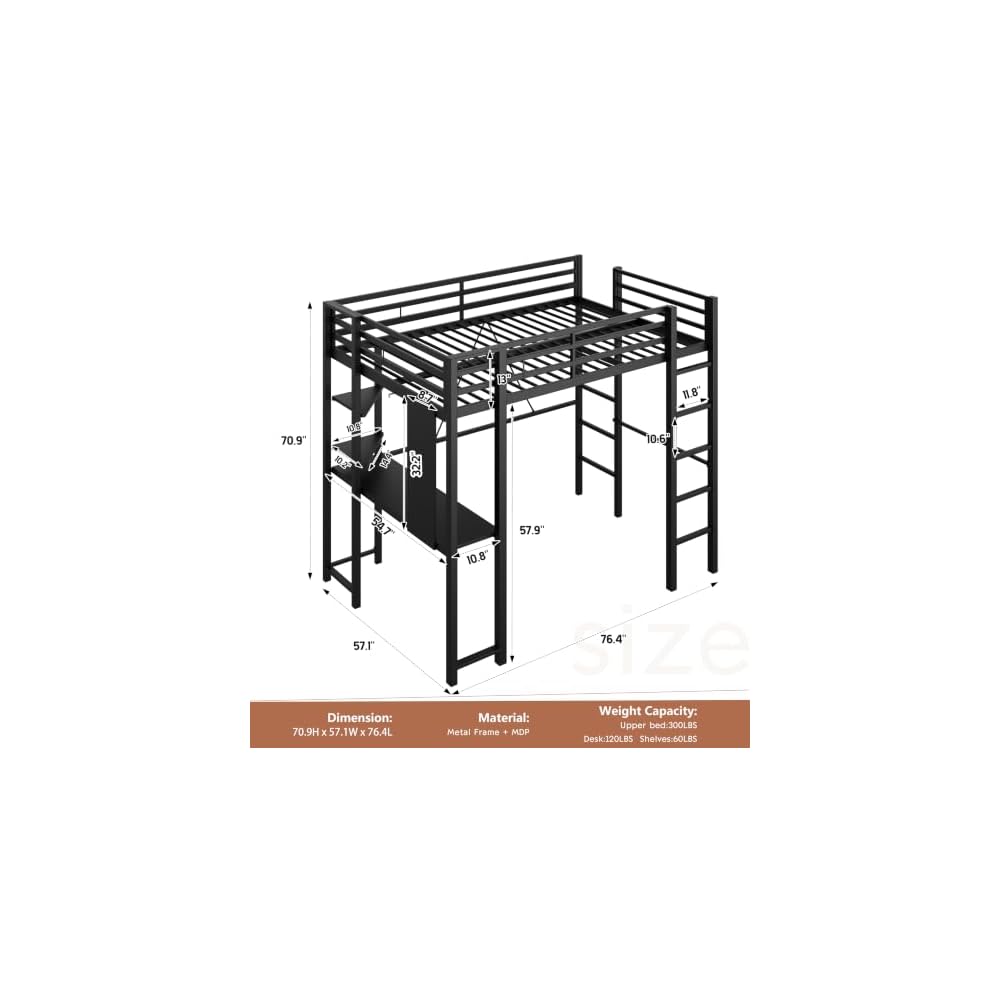 Shintenchi Loft Bed Full Size with Desk and Storage Shelves, Frame with 2 Side Ladders for Kids, Teens Adults, Spcace-Saving Noise-Free and Anti-tilt Design, Black