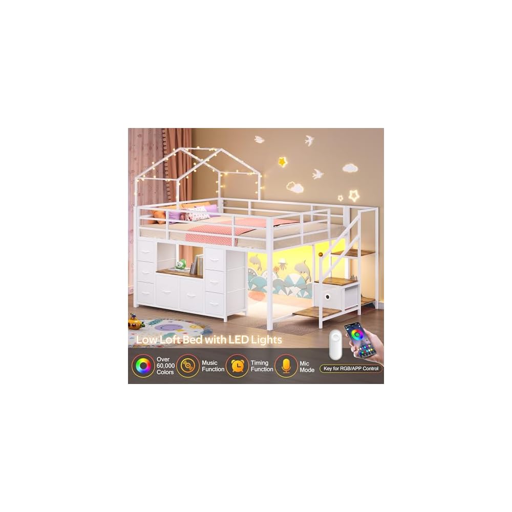 BYSAUD Low Loft Bed Full with 9 Drawers, 2 Shelves, Stairs & LED Lights