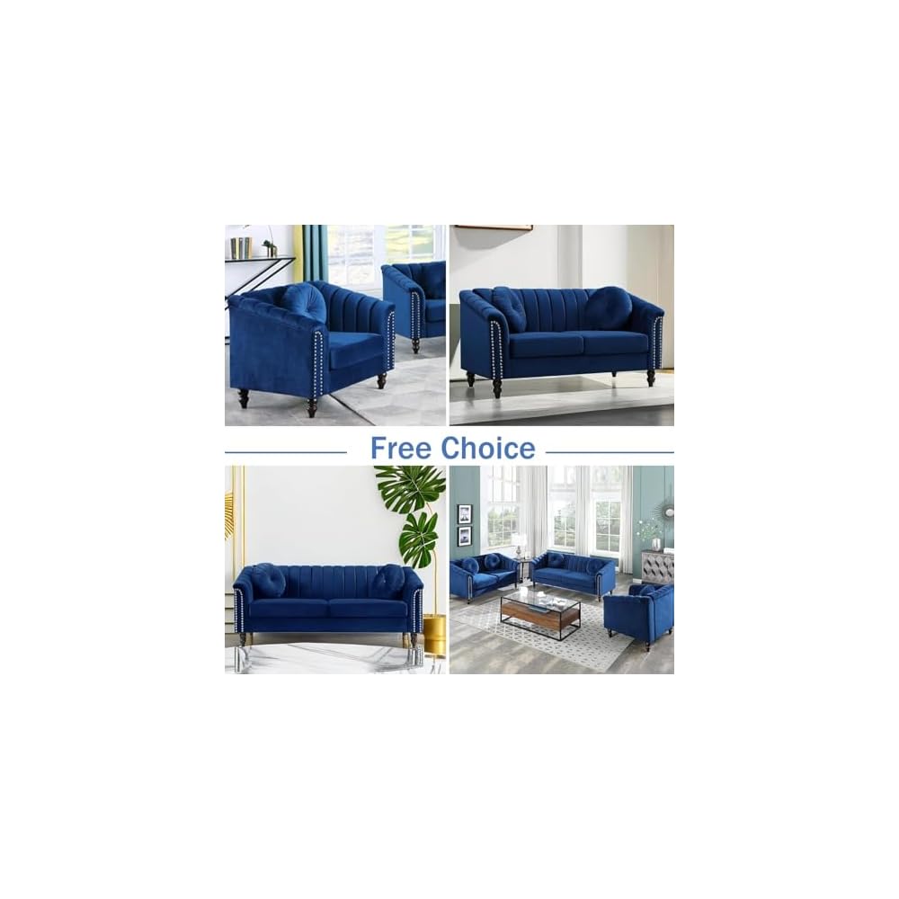 Moderno conjunto de sofá Chesterfield de terciopelo de lujo, sillón de franela, reposabrazos enrollados tapizados para sala de Estar, dormitorio, apartamento (Blue,3 Piece Set)