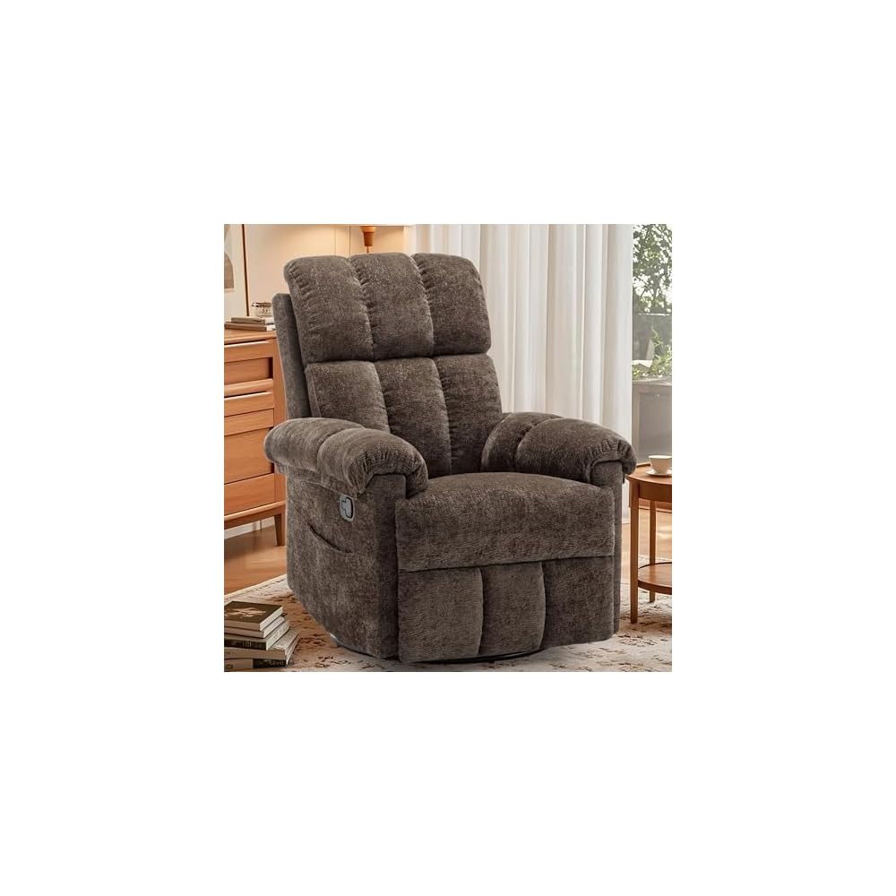 Korser Recliner Chair, Swivel Rocker Recliner Chair for Adults, Small Recliners for Small Spaces, Upholstered Manual Recliner with Side Pockets, Nursery Rocking Chair for Living Room, Chenille, Beige