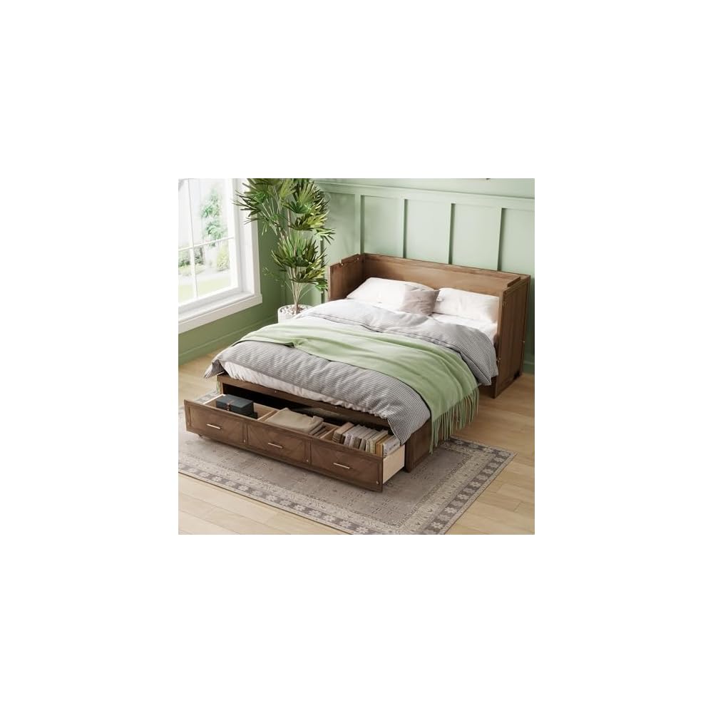 DNYN Queen Size Murphy Bed with Storage Drawer and Built-in Charging Station for Bedroom/Guest Room, Space-Saving Foldable Pine Wood Cabinet Bed with USB Ports, No Box Spring Needed