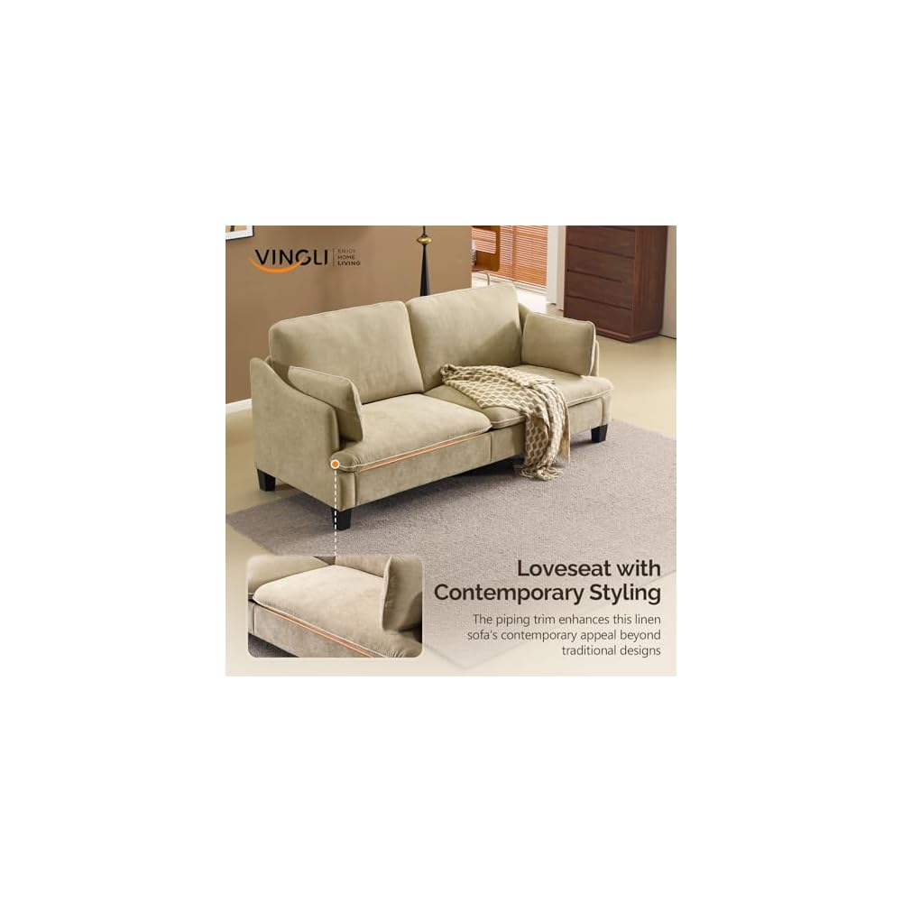 VINGLI 84" Extra Deep Seat Sofa Couch, 3 Seater Upholstered Living Room Couches with 2 Piped Seater Cushions, Throw Pillows, Modern Linen Velvet Fabric Sofa for Apartment Bedroom Office