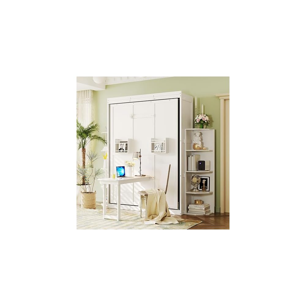 Rotating Queen Murphy Bed with Hidden Wall Cabinet, Dual 3-Tier Side Shelves, Convertible Desk, White