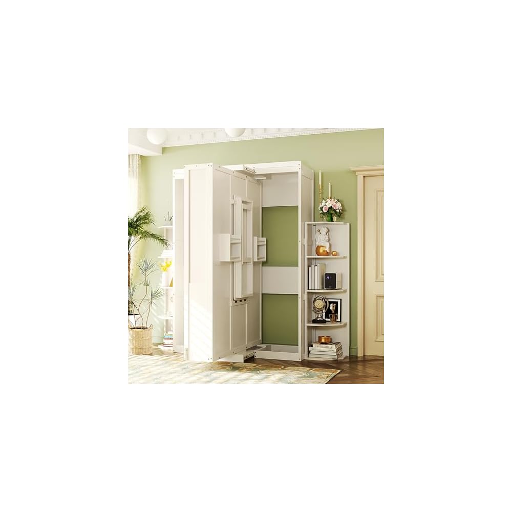 Rotating Queen Murphy Bed with Hidden Wall Cabinet, Dual 3-Tier Side Shelves, Convertible Desk, White