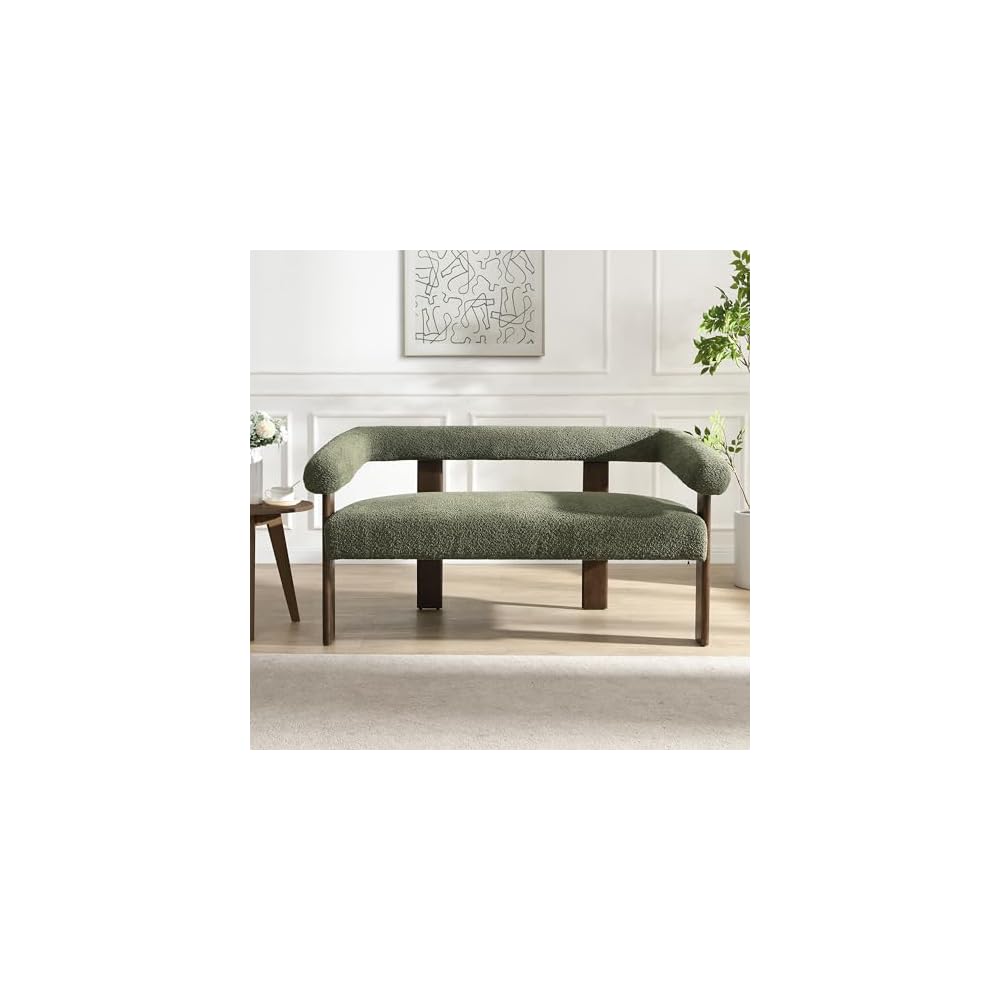 Christopher Knight Home Celen Modern Boucle Fabric Upholstered Loveseat with Round Armrest and Rubberwood Frame, Comfy Living Room 2-Seater Sofa, Space-Saving Couch for Hotel/Apartment, Green+Brown