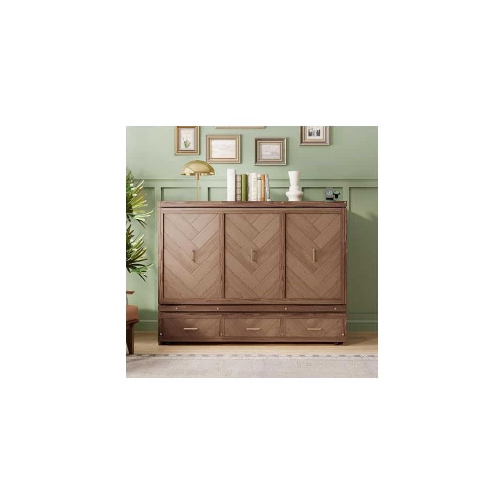 DNYN Queen Size Murphy Bed with Storage Drawer and Built-in Charging Station for Bedroom/Guest Room, Space-Saving Foldable Pine Wood Cabinet Bed with USB Ports, No Box Spring Needed