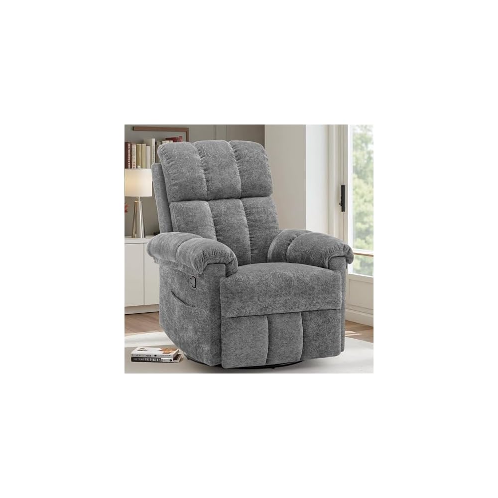 Korser Recliner Chair, Swivel Rocker Recliner Chair for Adults, Small Recliners for Small Spaces, Upholstered Manual Recliner with Side Pockets, Nursery Rocking Chair for Living Room, Chenille, Beige
